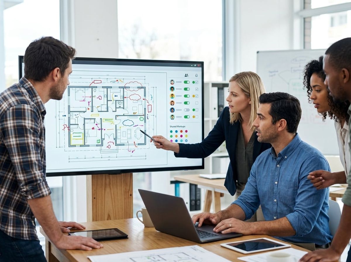 One person managing session permissions on a laptop while colleagues review a digital plan