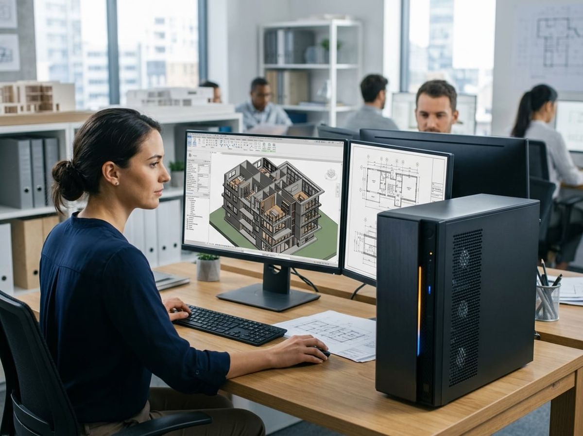 Architect studying a 3D model in a 2D view, relying on processor speed for modeling tasks
