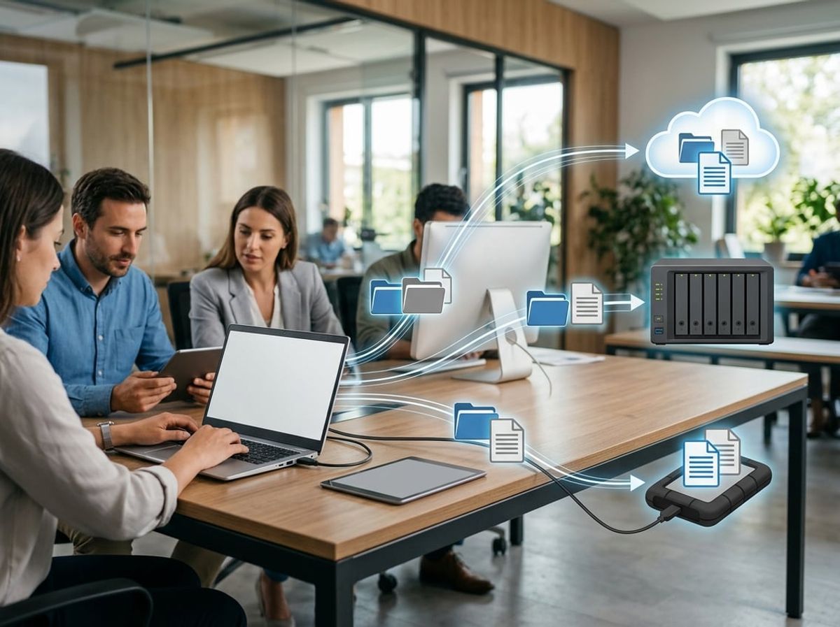 Architect reviewing a building plan next to a computer and multiple backup storage devices
