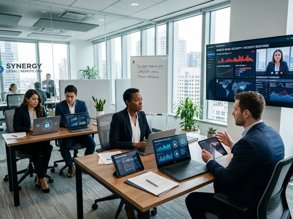 Attorneys collaborating on laptops and tablets to draft a remote work security policy