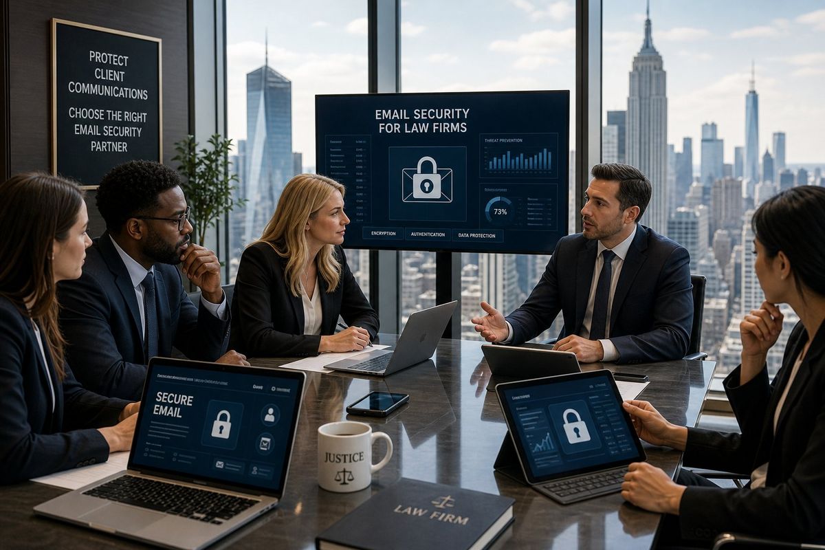 Business professionals discussing email security in a modern office with a view of the New York City skyline.