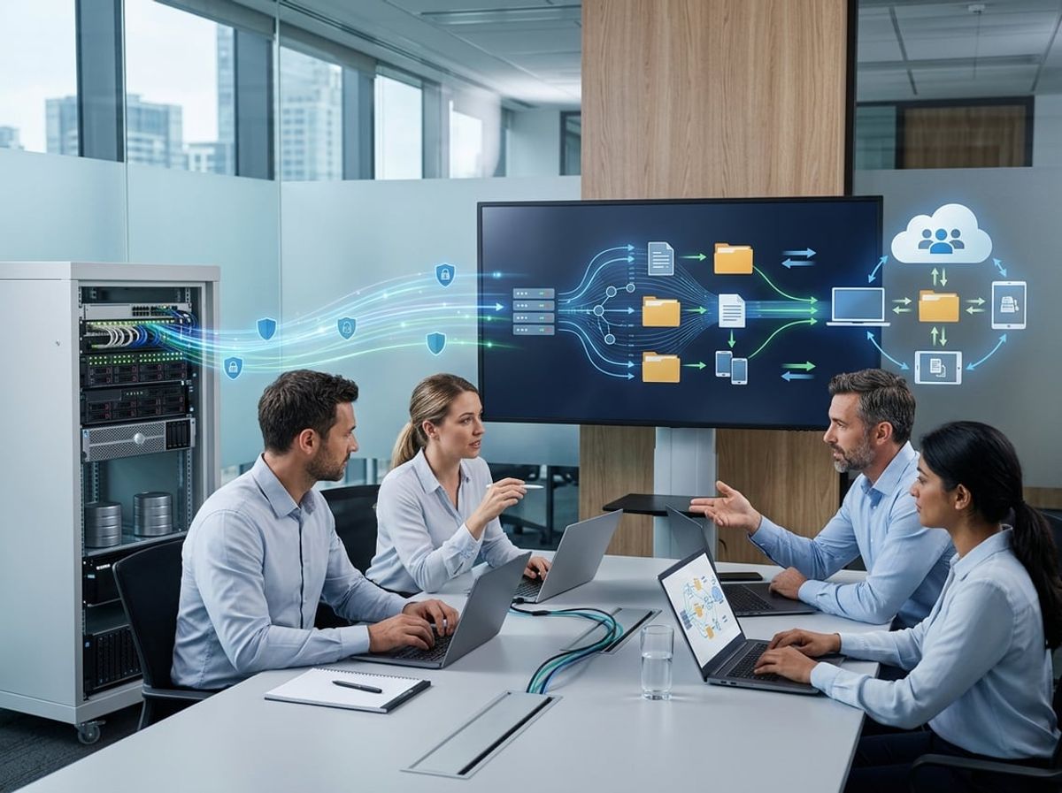 IT consultant maps out a file migration plan on a whiteboard beside a laptop