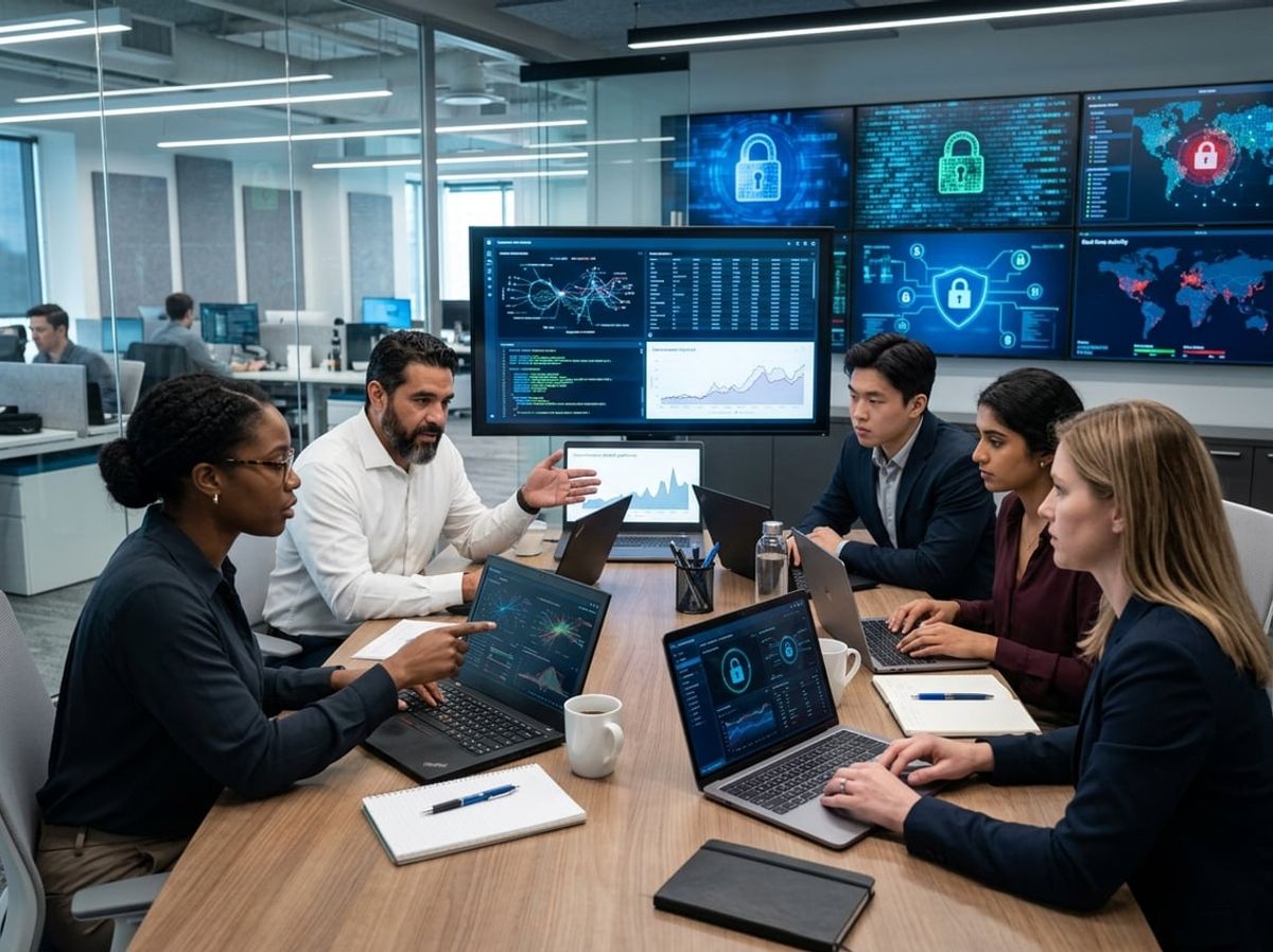 Professionals map out detection, containment, and recovery phases on office monitors