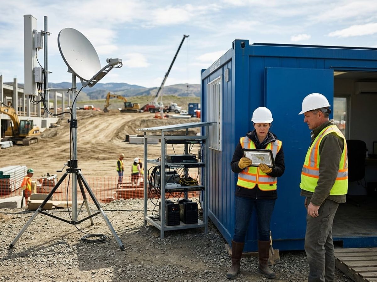 Project manager reviews equipment costs on a tablet beside trailer networking hardware