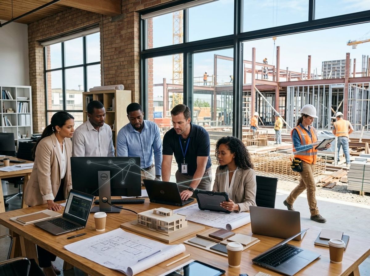 Site manager reviewing tablet plans outdoors while office staff coordinate network connectivity indoors