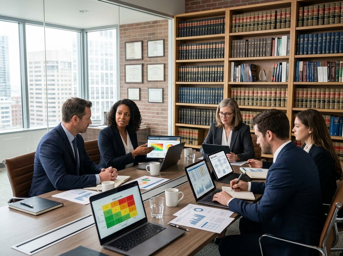 Attorneys gathered around a table reviewing a vendor compliance checklist on laptops