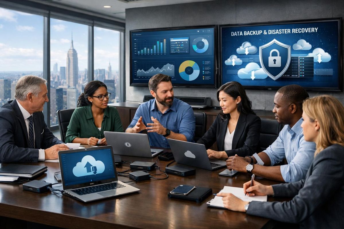 IT professionals and lawyers working together in a modern law firm office with laptops and data security screens.