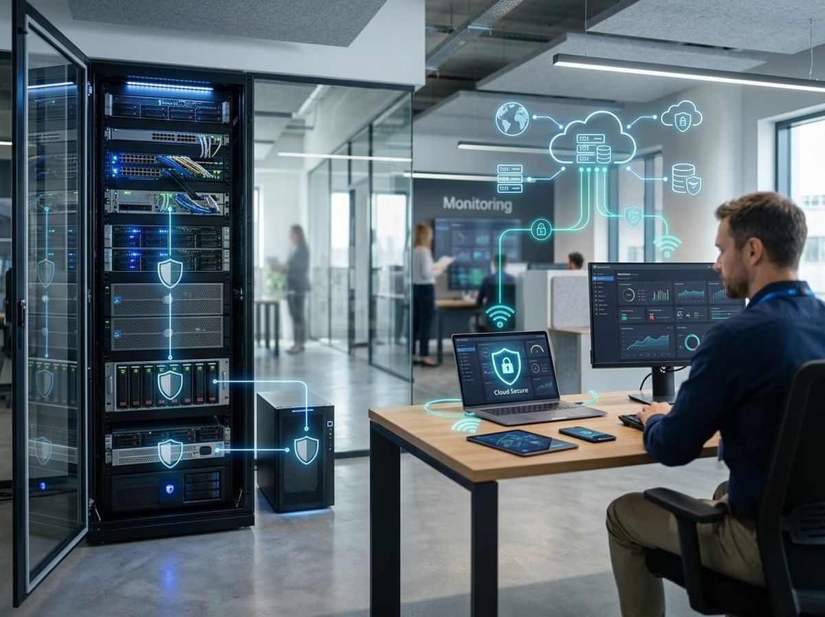 Technician checks backup status on a server rack alongside a cloud sync dashboard