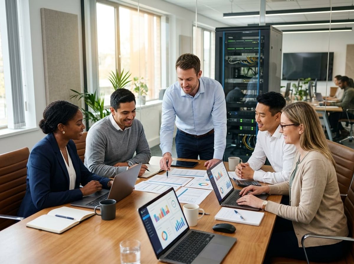 IT consultant answers technology cost questions for staff gathered in a design office