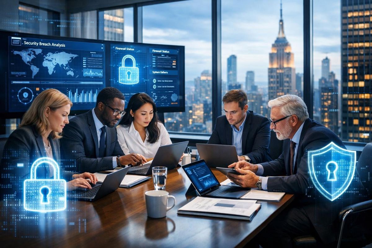 A group of lawyers and IT professionals working together in a modern office with city views, focusing on cybersecurity and protecting client data.