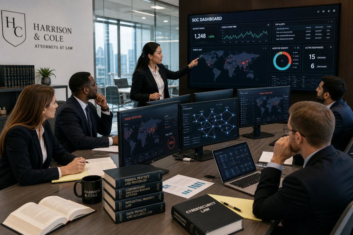 A group of professionals in a law firm office collaborating around computers displaying cybersecurity monitoring data.