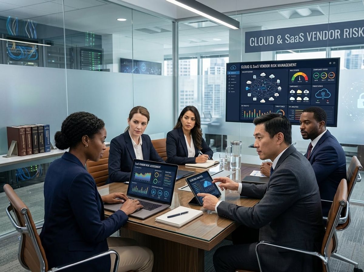 Staff evaluating cloud storage and SaaS security settings on shared digital charts