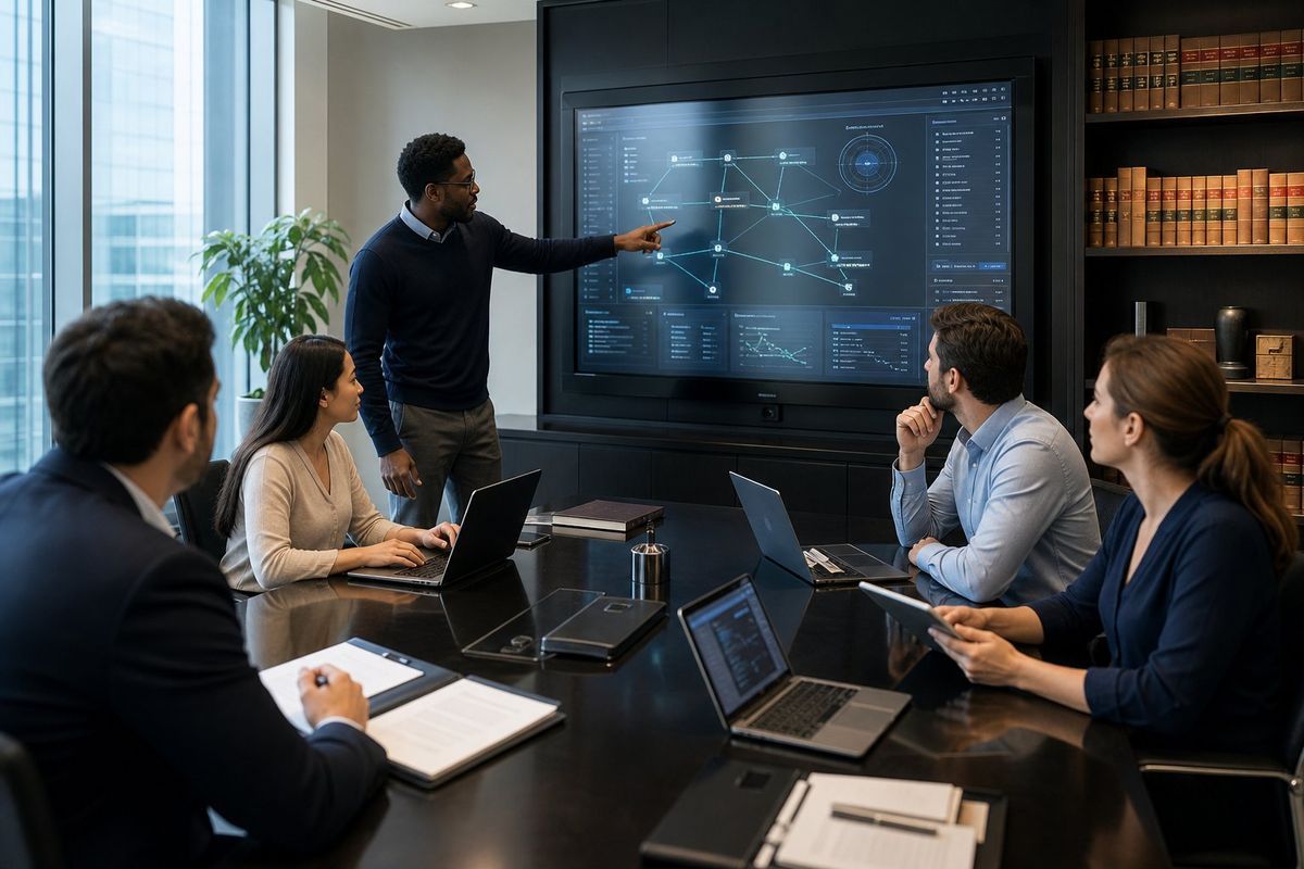 A group of IT consultants in a law firm conference room collaborating over laptops and a digital display during a technology assessment meeting.