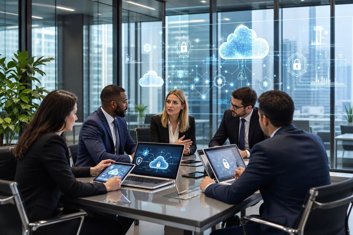 A group of professionals in a law firm office collaborating with laptops and digital screens showing cloud security graphics.