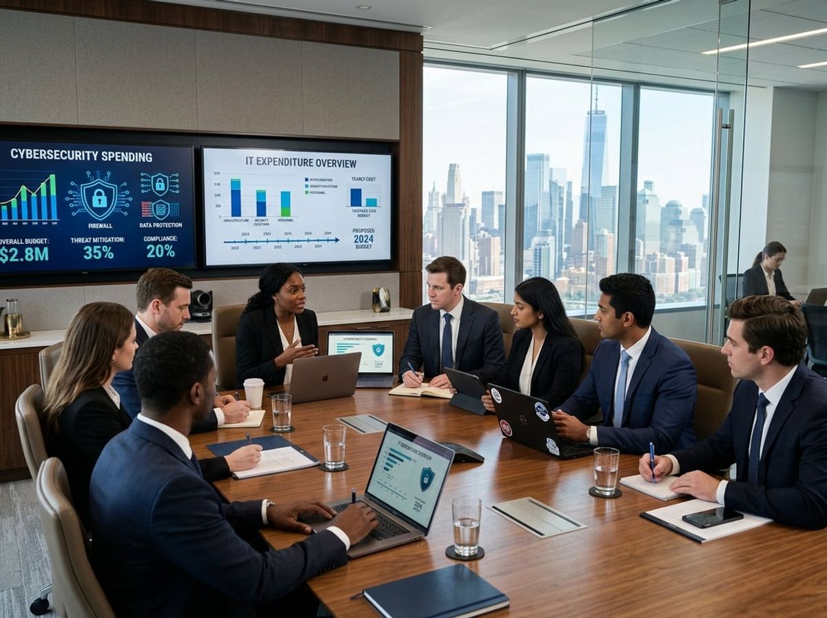 Business professionals in a law firm office discussing cybersecurity and IT budget around a conference table with laptops and digital charts, with New York City visible through the windows.