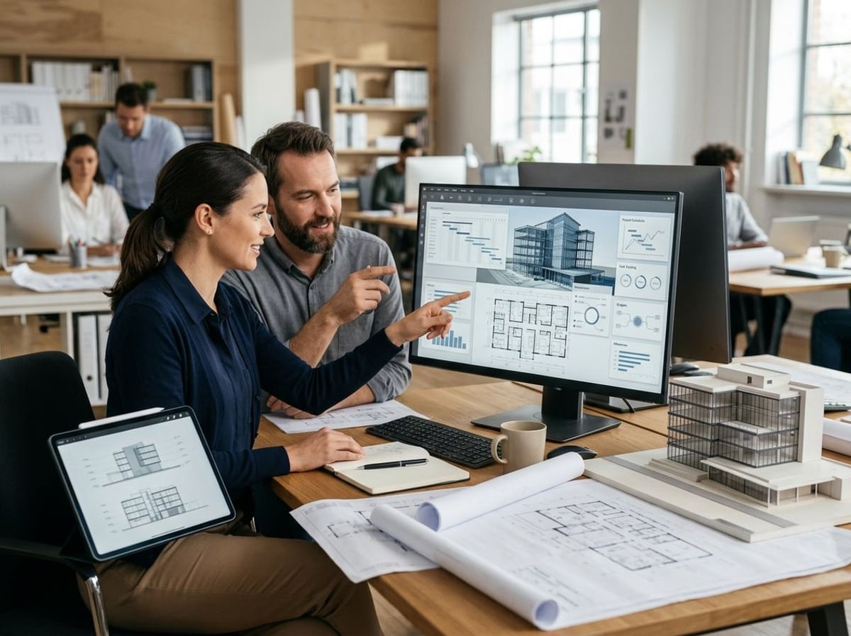 Two colleagues examine a rendered structure while discussing project software categories