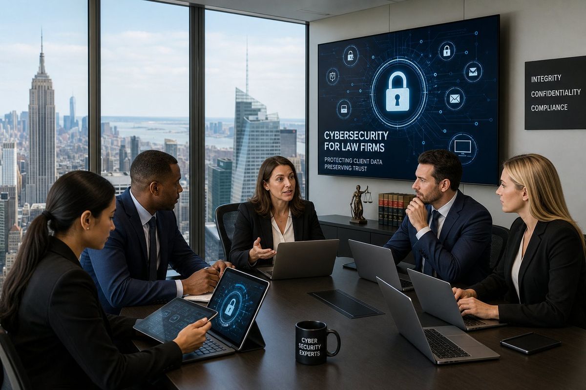 A group of professionals collaborating around a table with laptops and digital screens showing cybersecurity graphics in an office overlooking the New York City skyline.