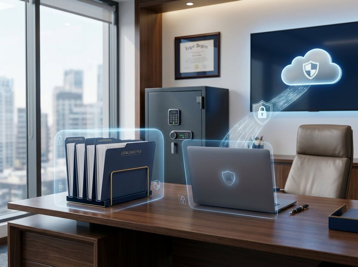 Laptop and paper files surrounded by encryption shield icons in a law office