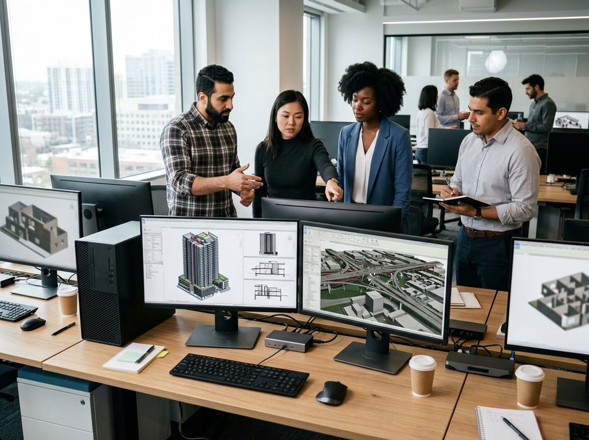 Desktop workstation tower and monitor displaying a detailed architectural building model in an office