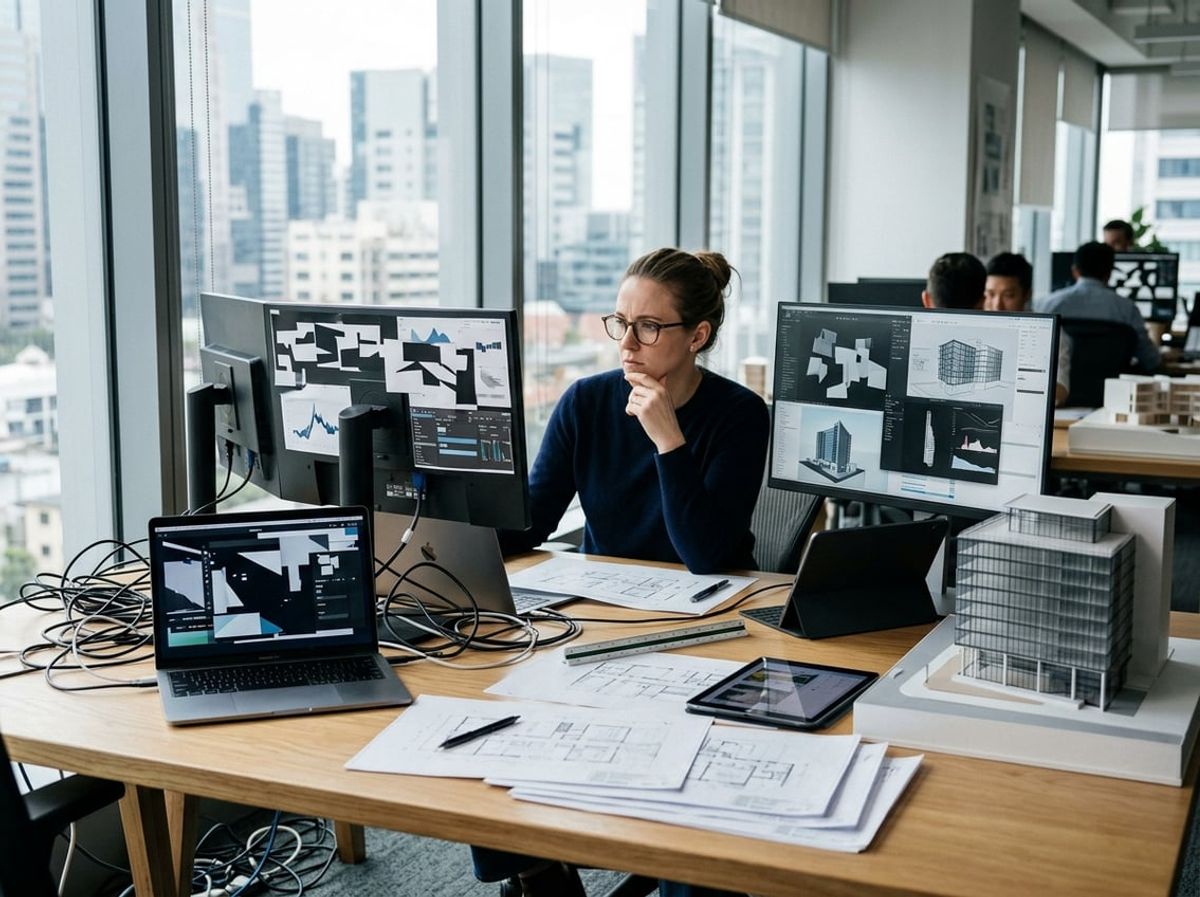 Professional reviews a blueprint next to a laptop, tablet and expense spreadsheet