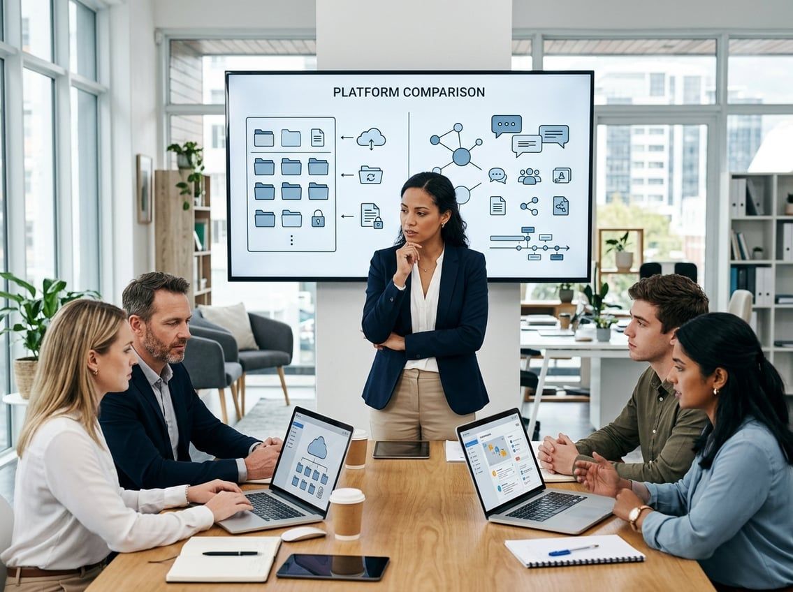 Engineer comparing project folders on a laptop while reviewing egnyte vs sharepoint file storage options at a job site desk
