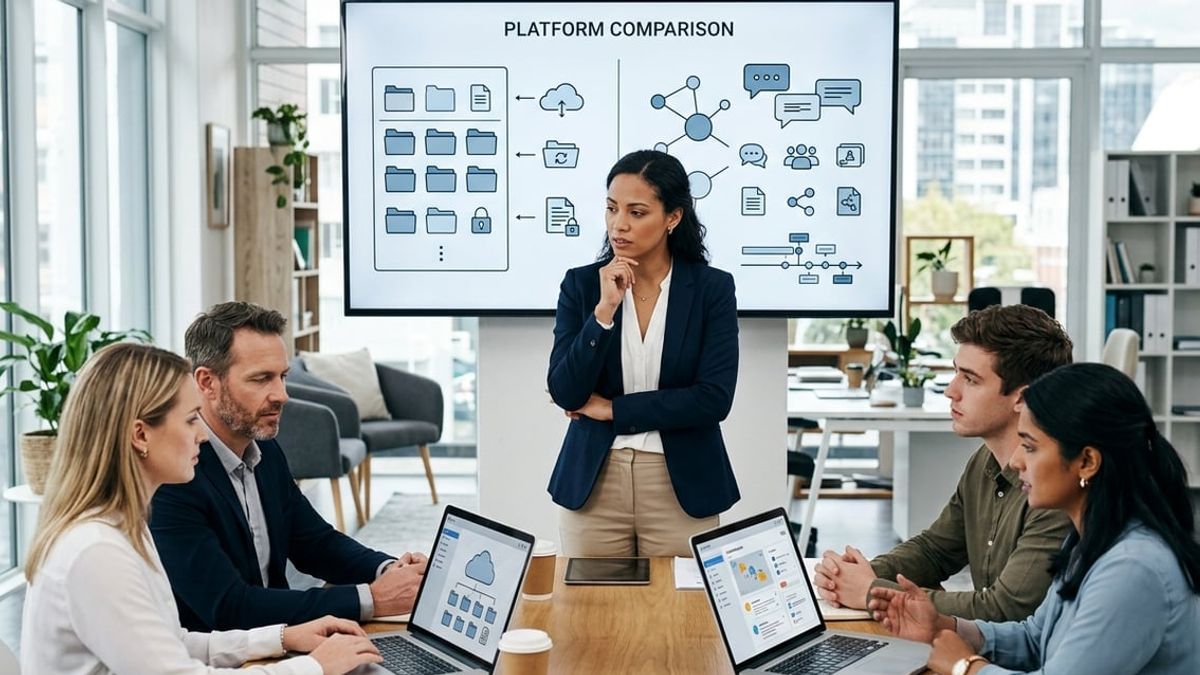 Engineer comparing project folders on a laptop while reviewing egnyte vs sharepoint file storage options at a job site desk