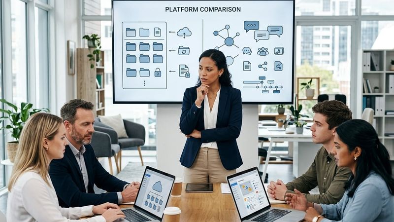 Engineer comparing project folders on a laptop while reviewing egnyte vs sharepoint file storage options at a job site desk