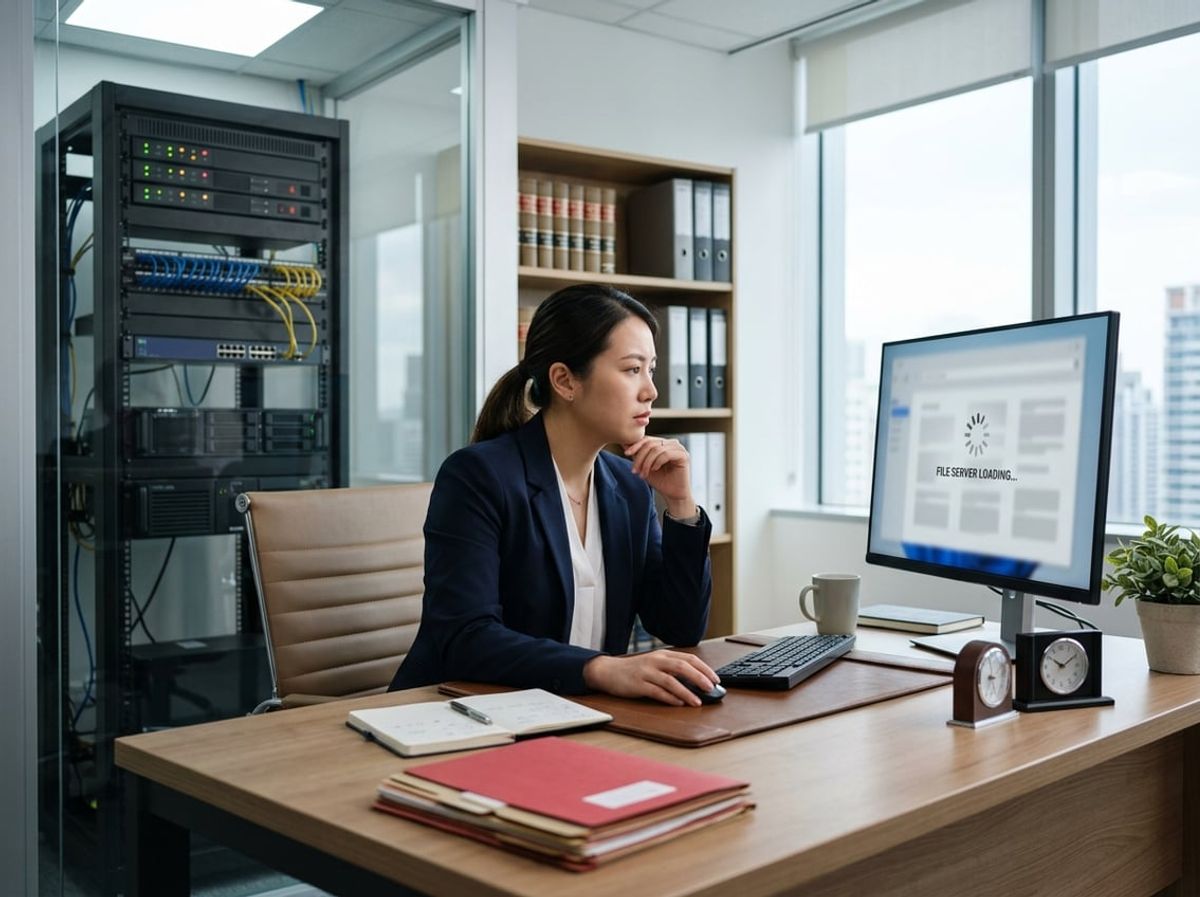 Remote lawyer connection icons hover near a crowded server rack in a law office
