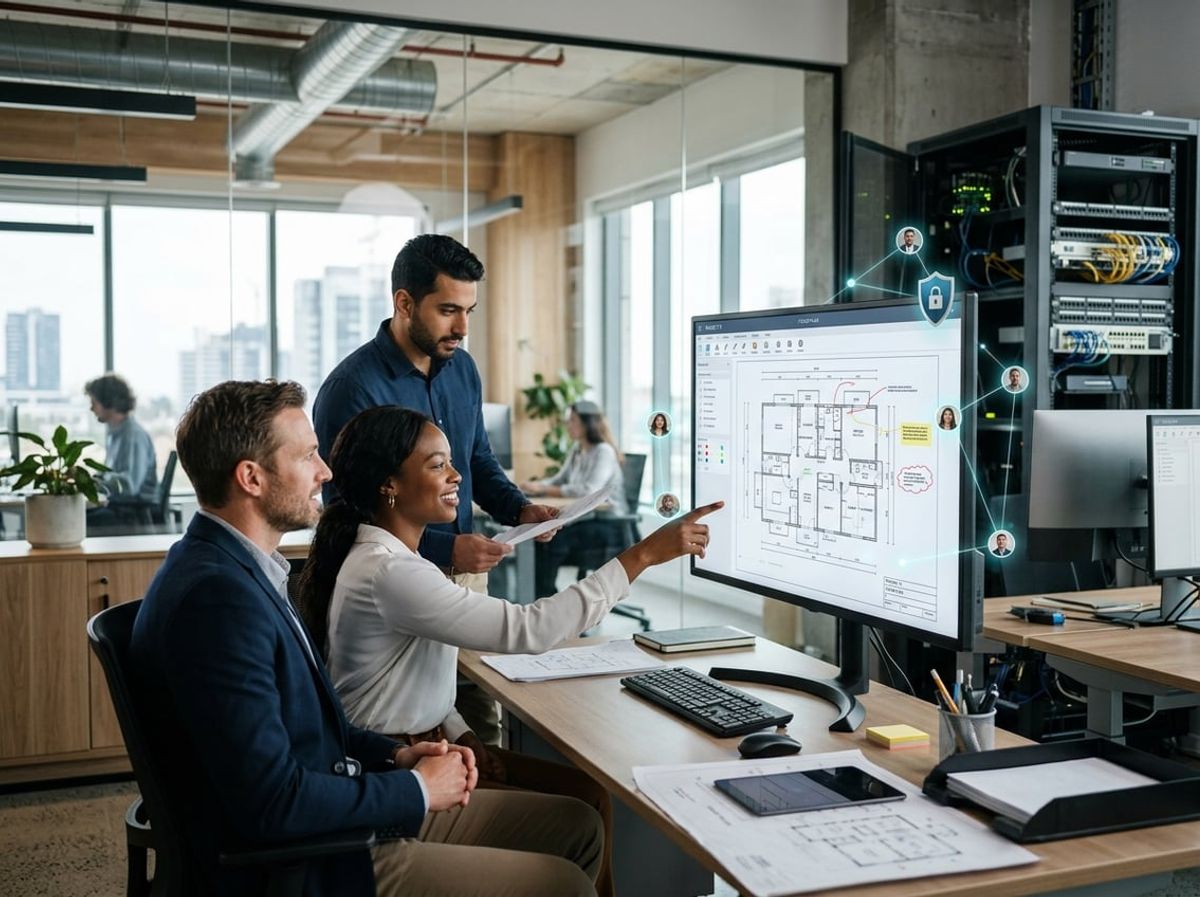 Professionals reviewing a digital construction plan at a workstation within a connected office network