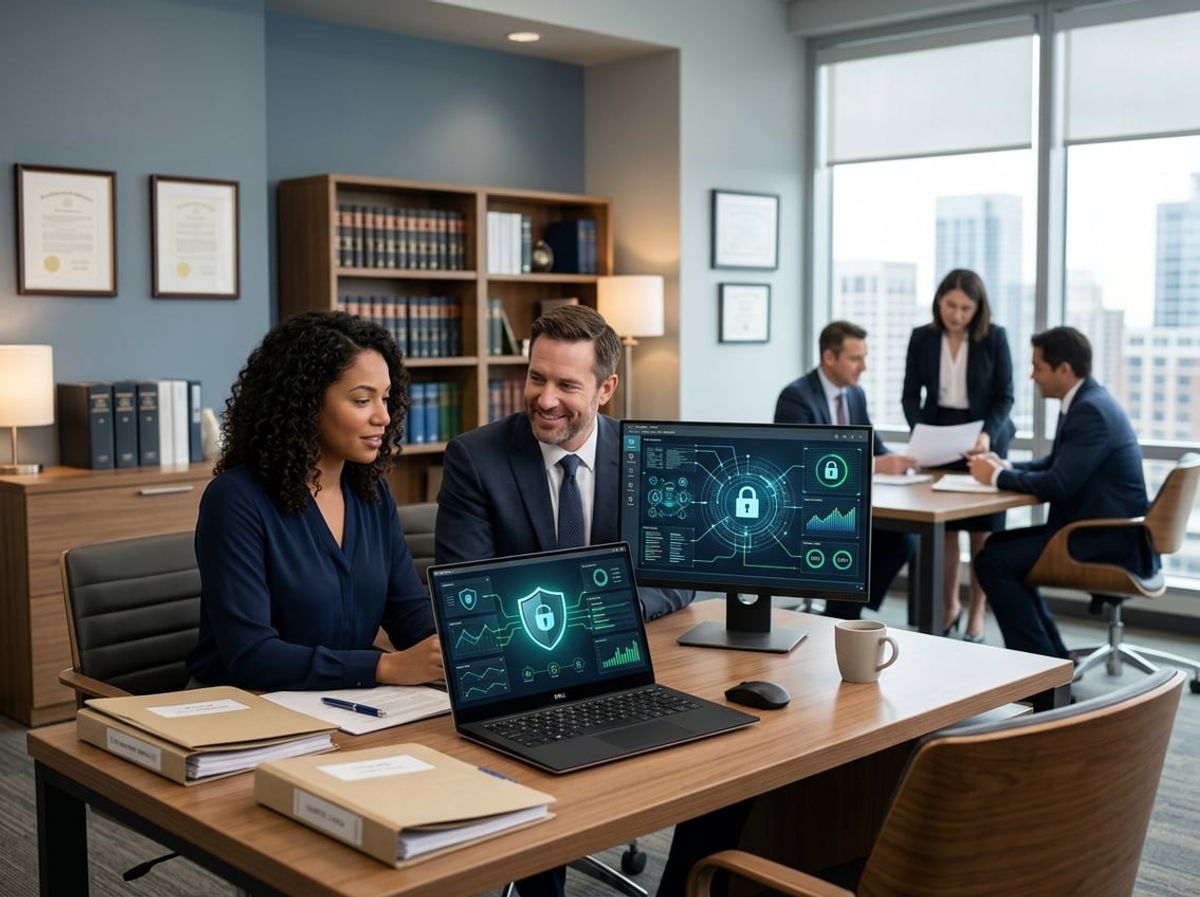IT specialist reviews cybersecurity protections with law firm staff at a shared workstation