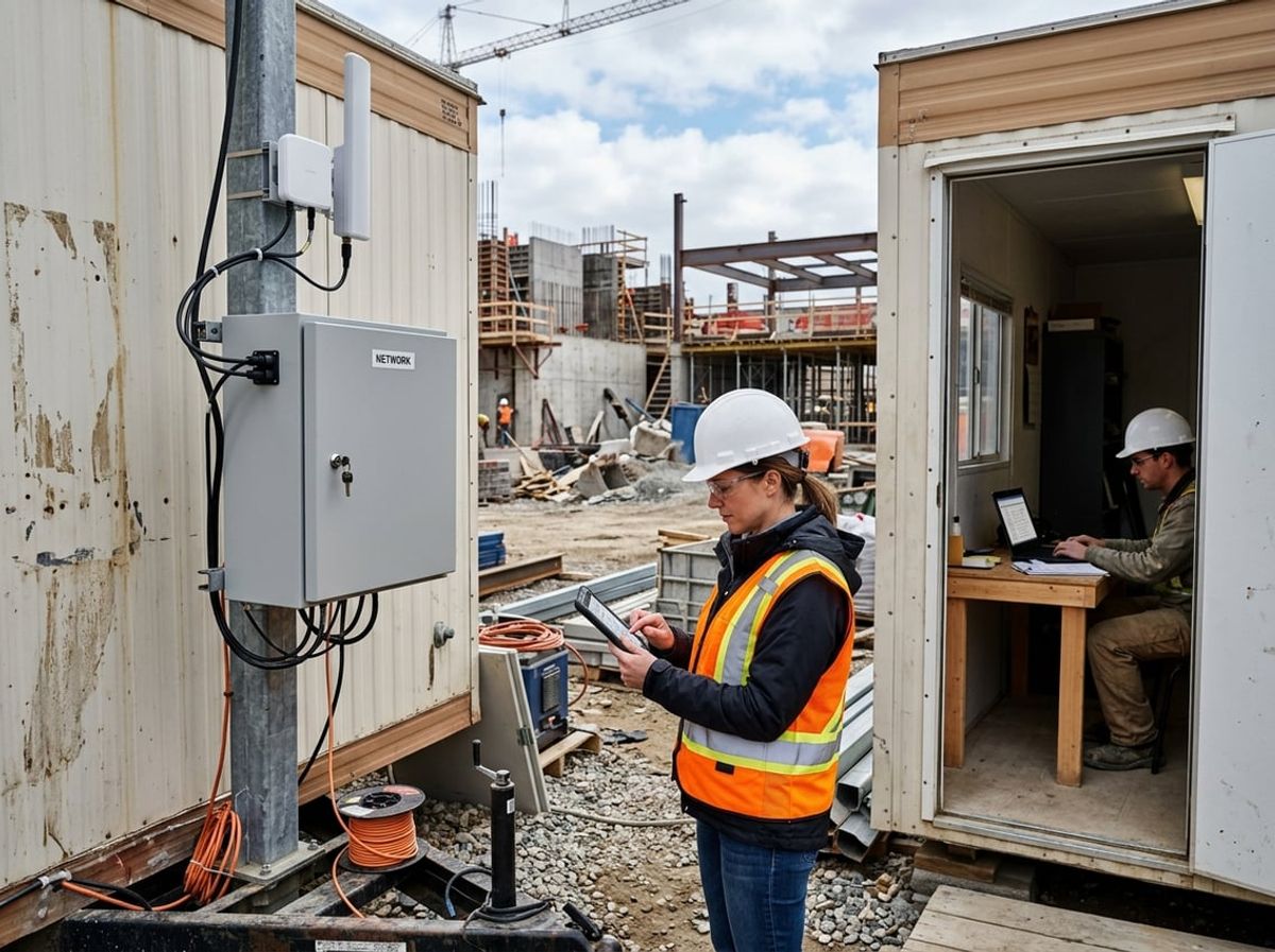 Site manager reviews a tablet next to temporary networking gear inside a trailer office