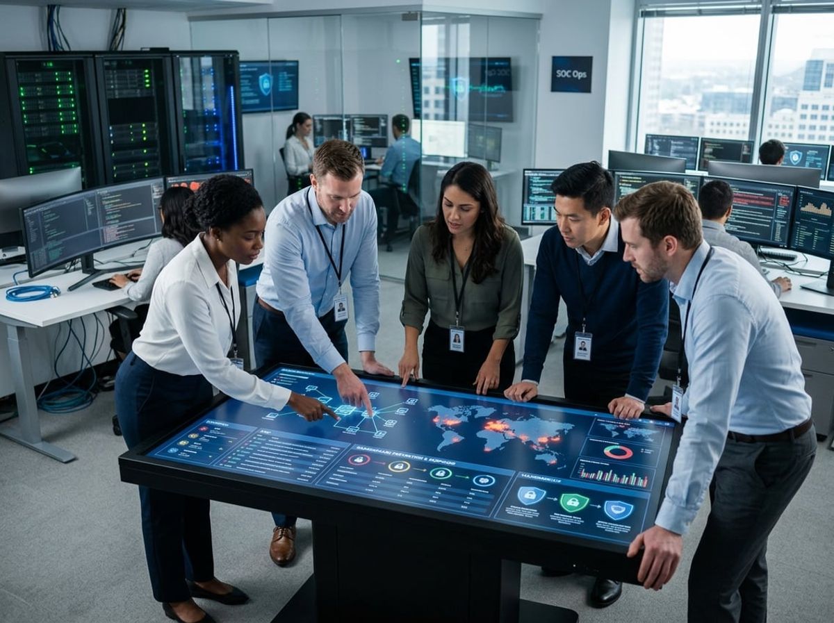 IT staff configure network defenses on a touchscreen to prevent future attacks