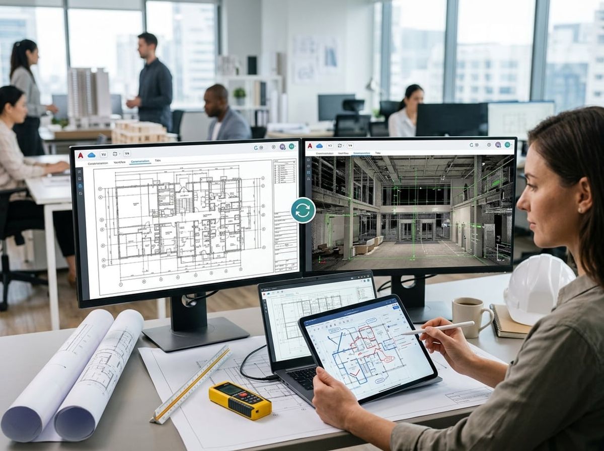 Engineer cross checking AutoCAD drawings, a point cloud scan and Bluebeam markups on dual monitors