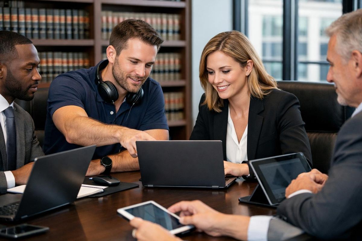 A group of professionals in a law firm office collaborating around a table with laptops and digital devices.