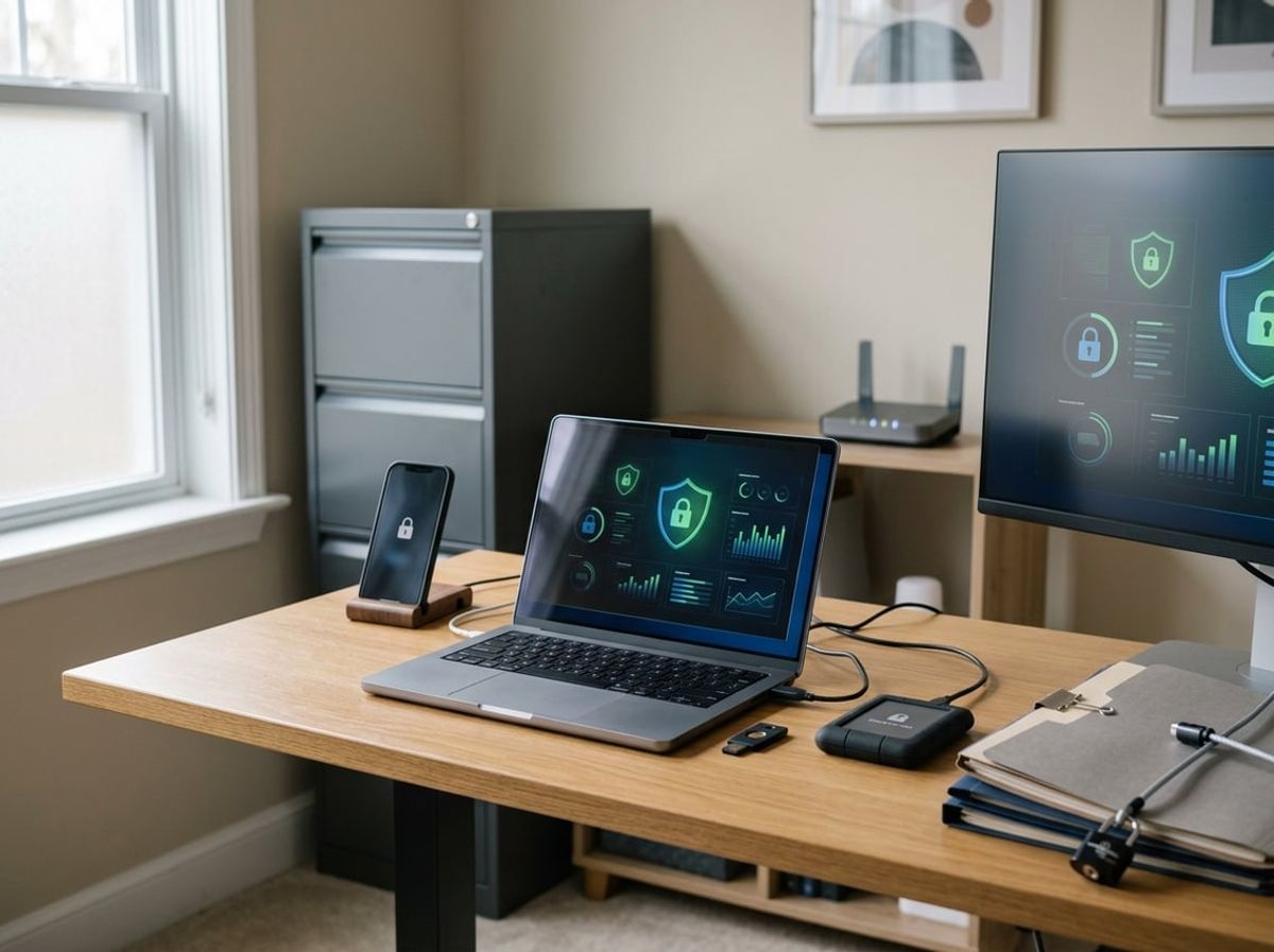 Checklist materials and authentication tokens laid out for establishing a remote law firm security setup