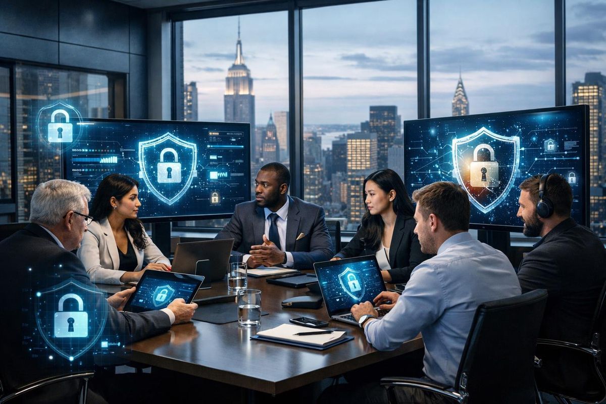 A group of lawyers and IT professionals working together in a modern law firm office with digital devices displaying cybersecurity visuals and a view of New York City skyscrapers in the background.