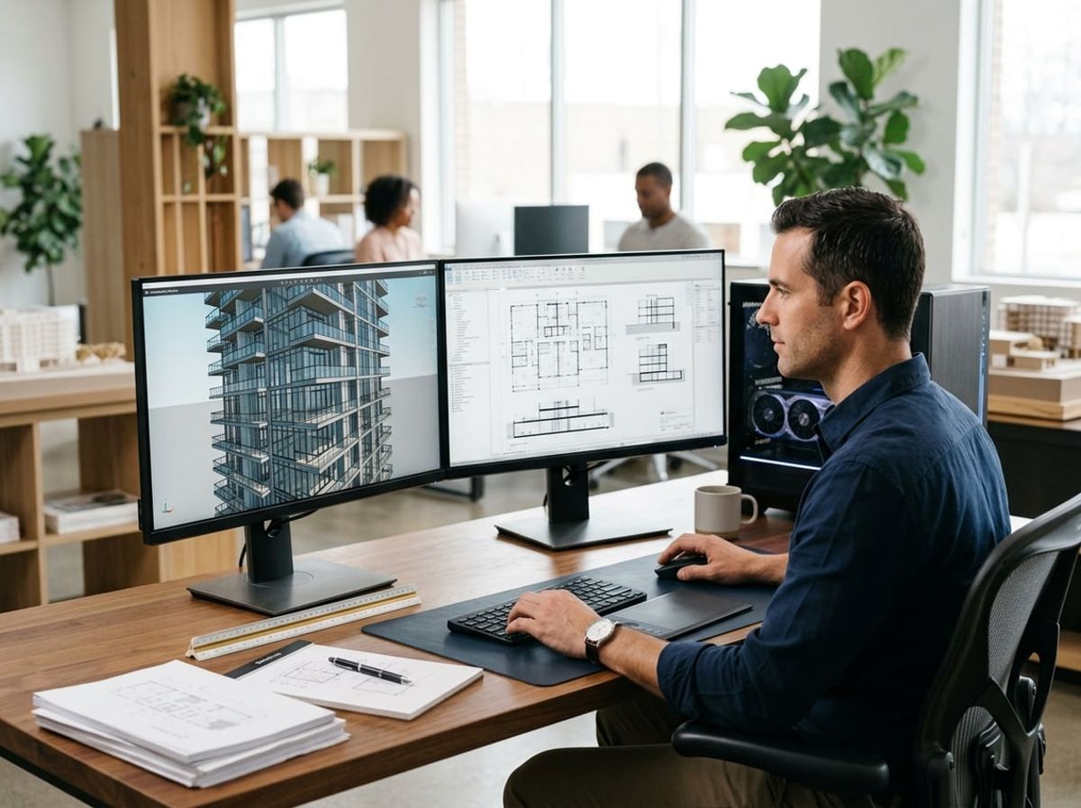 Architect reviewing a rendered 3D building model on a workstation with professional graphics hardware