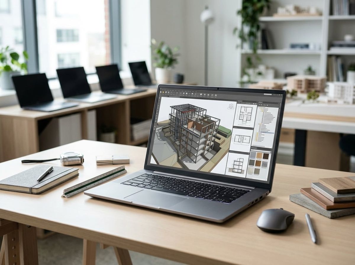 Business workstation laptop displaying a 3D model with other devices blurred behind it