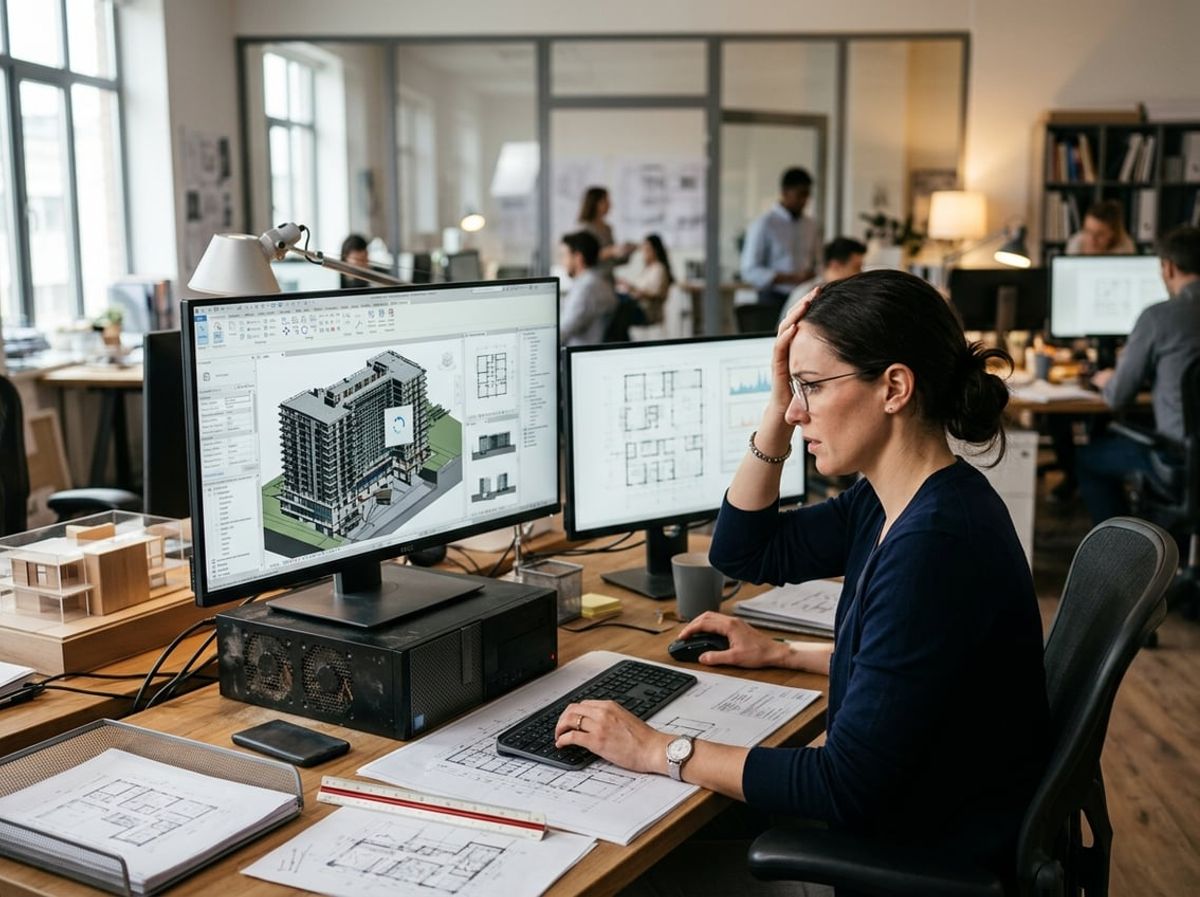 Architect at a workstation watching a 3D building model render slowly and incompletely