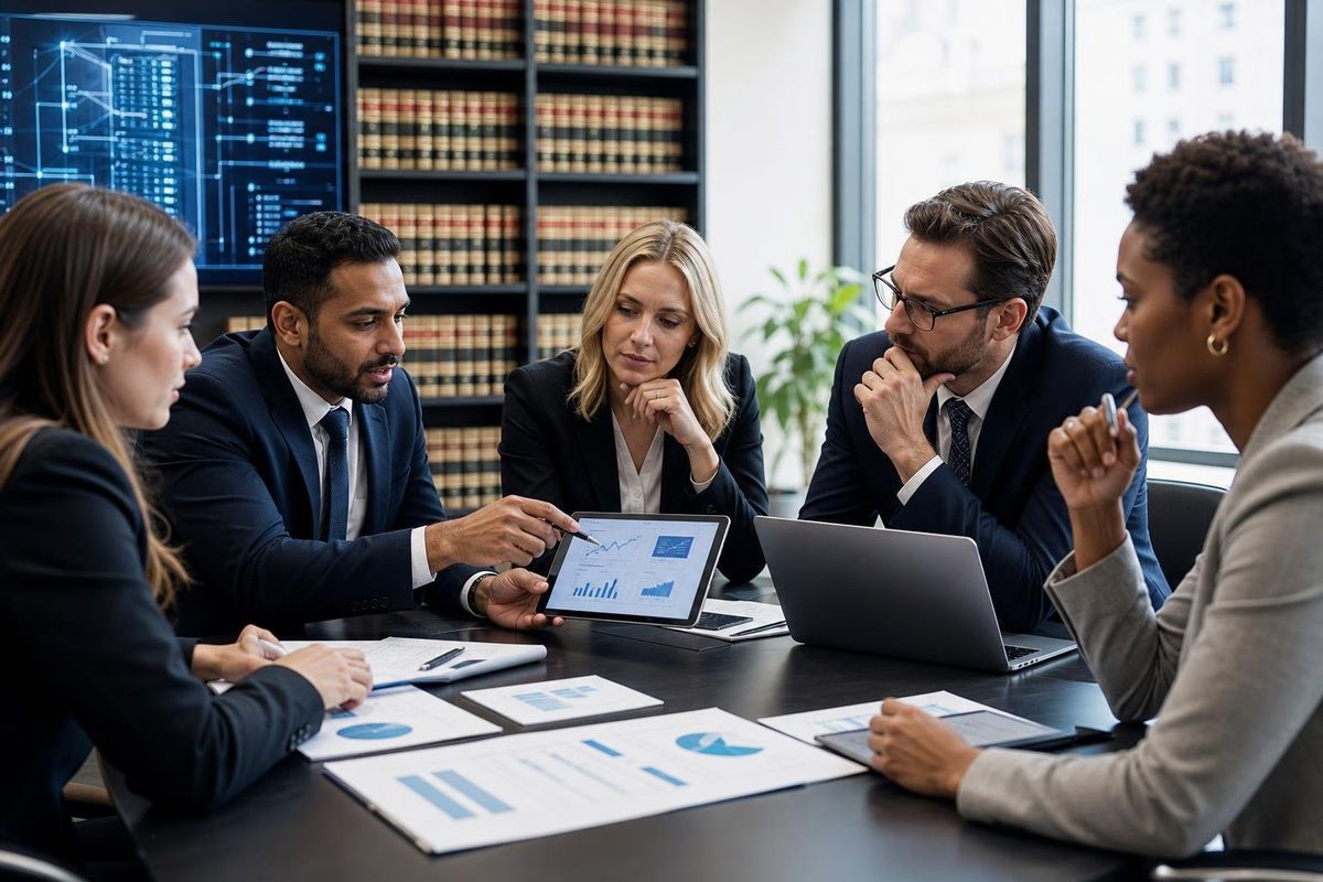 Business professionals in formal attire discussing documents and digital devices around a conference table in a modern office.