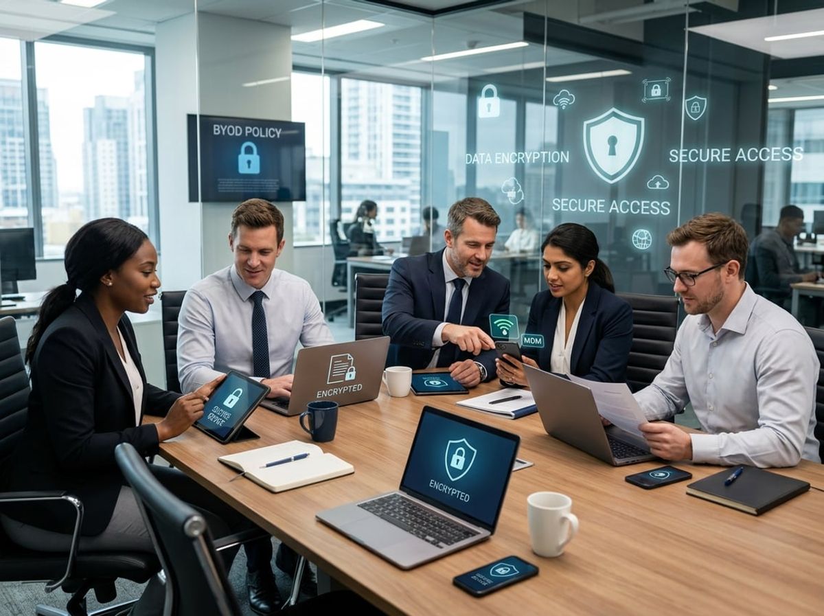 Paralegal entering data on a laptop with a secured smartphone nearby on the desk