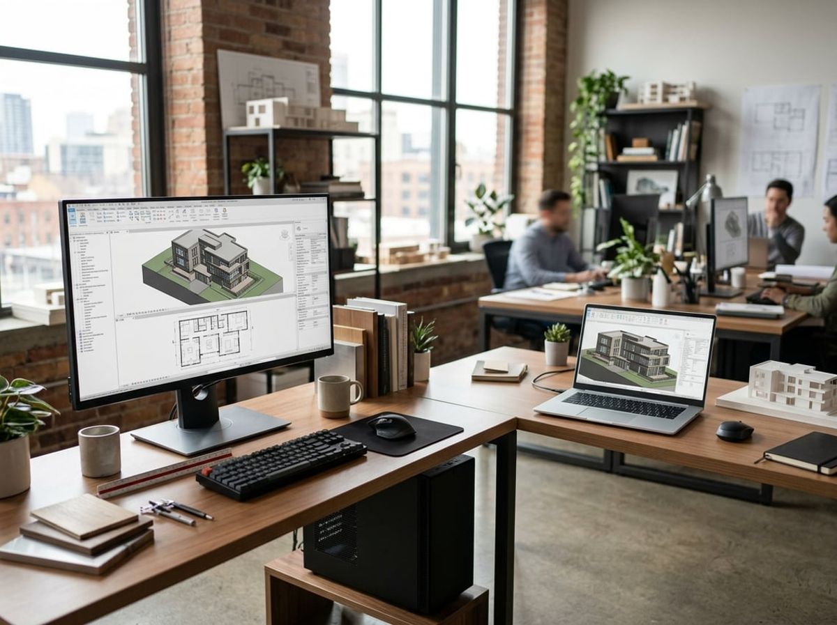 Desktop workstation and mobile laptop side by side showing the same 3D building design