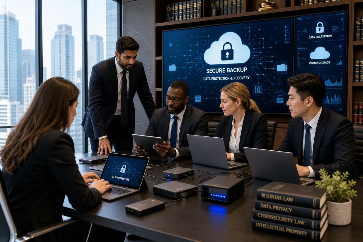 A group of lawyers and IT professionals working together around a table with laptops and data storage devices in a modern law office.