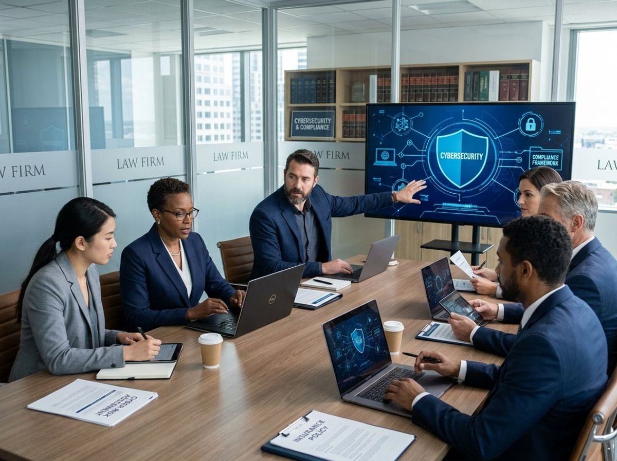 IT consultant presenting compliance documentation to law firm partners around a table