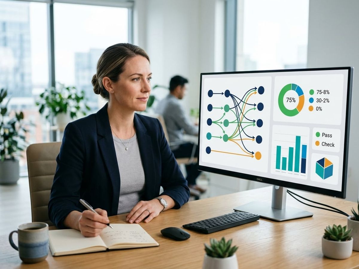 Professional studying charts summarizing DMARC report data on a computer monitor