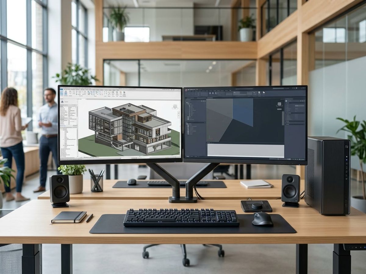 Ergonomic dual monitor workstation setup arranged for extended Revit modeling sessions