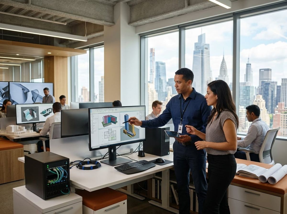 Architect and technician discussing IT support options in a modern New York studio