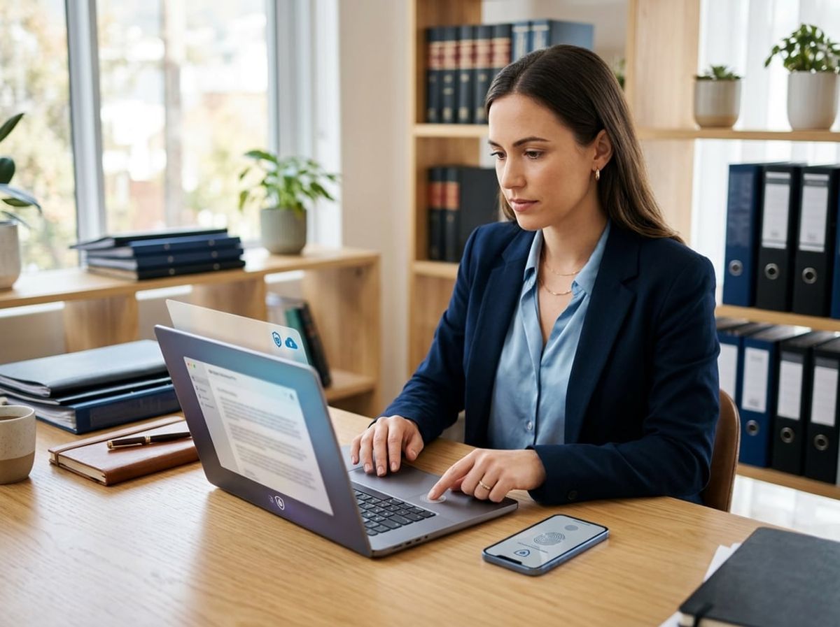 Lawyer checking encrypted case files on a smartphone and laptop outside the office