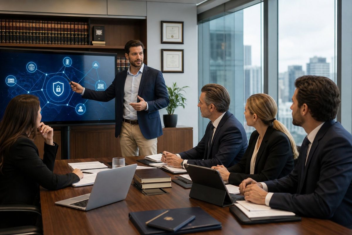 An IT consultant advising a group of lawyers in a modern law firm conference room with laptops and a digital screen displaying network information.