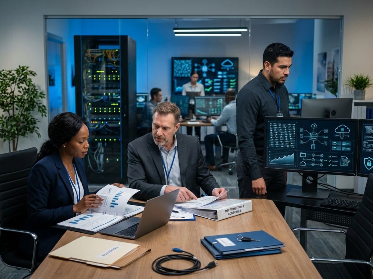 Compliance officers examine encrypted client files during a managed provider ownership transition